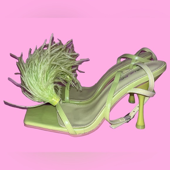 Neon Green Fluffy Feather Ankle Straps Heels - Picture 7 of 7
